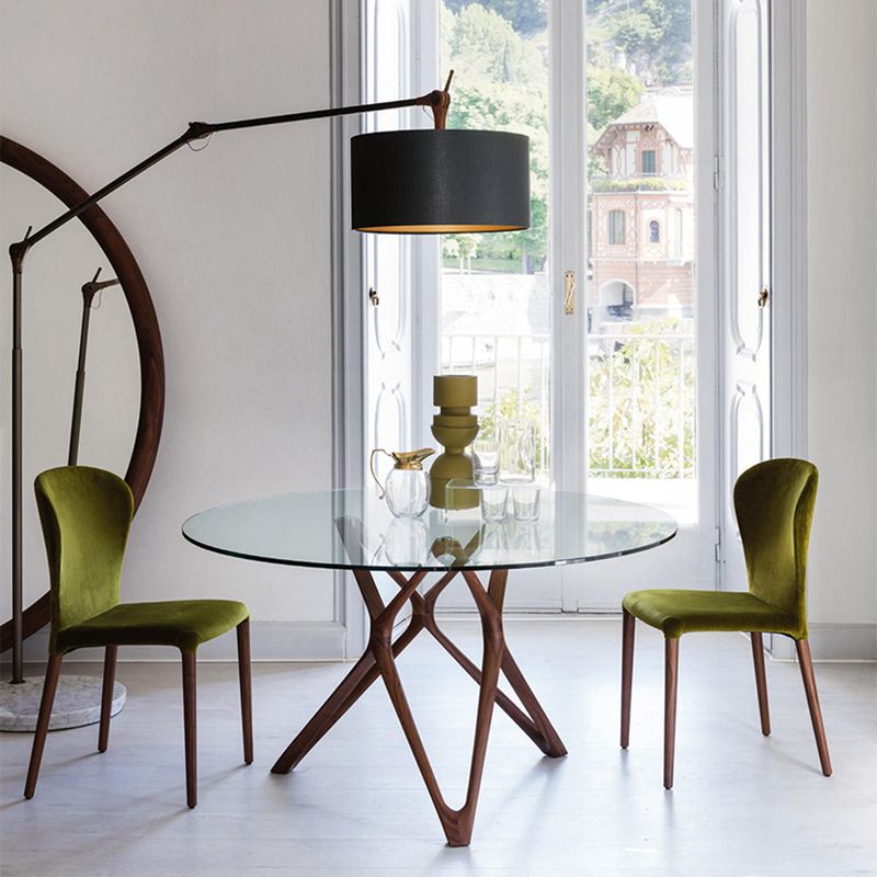 Modern Round Glass Desktop Dining Table Walnut Base for Dining Room