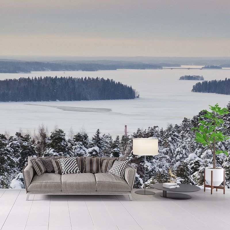 Grey-White Snow Forest Mural Wallpaper Stain Proof Modern Bedroom Wall Decoration