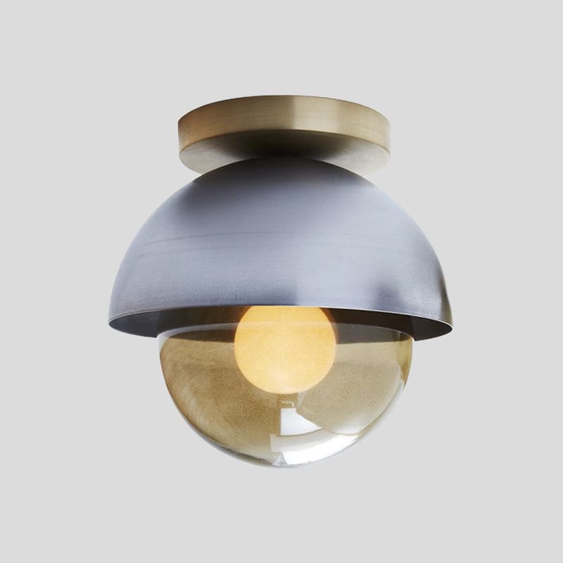 Metal Dome Flush Ceiling Light Postmodern 1-Light Grey Flushmount Lamp with Orb Amber Glass Shade