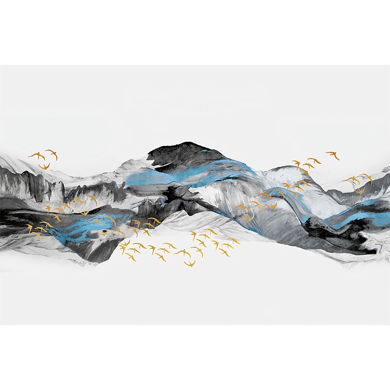 Full Size Chinese Mural Wallpaper Blue and Grey Wild Goose and Veil Wall Covering, Customized Size Available