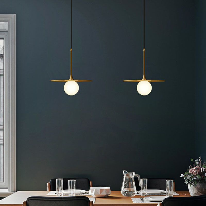 Flat Metallic Ceiling Light Simplicity Single-Bulb Hanging Pendant Lamp with Ball White Glass Shade