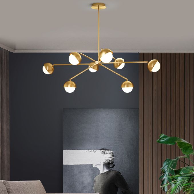 Postmodern Sputnik Chandelier Metal Living Room Pendant Light with White Glass Shade