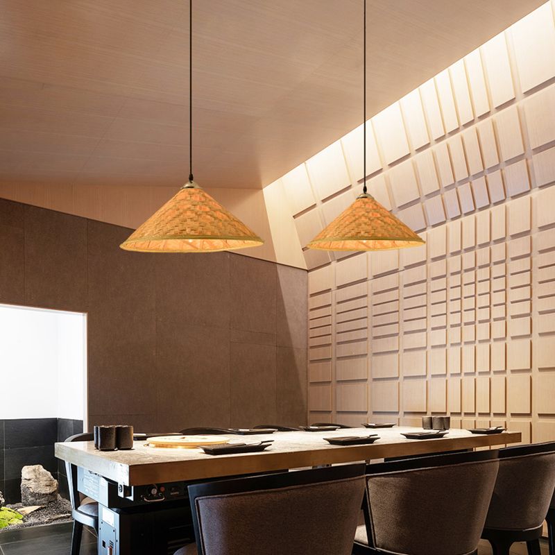 Straw Hat Suspension Lighting Asian Bamboo 1 Bulb Beige Ceiling Pendant for Restaurant
