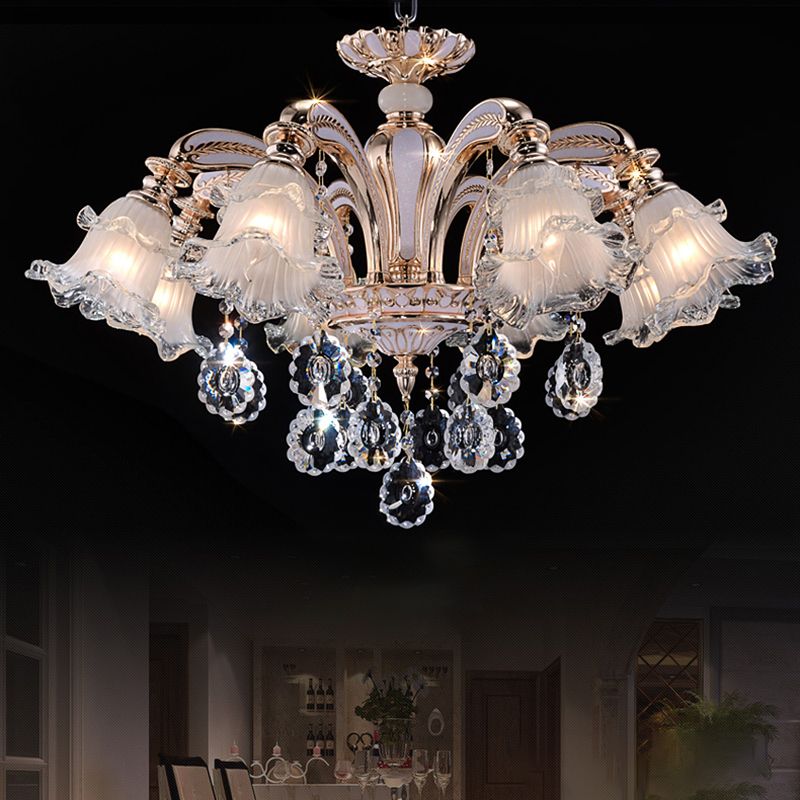 Lustre floral vintage Light Light Light Roubed Glass Hanging Light avec un accent en cristal