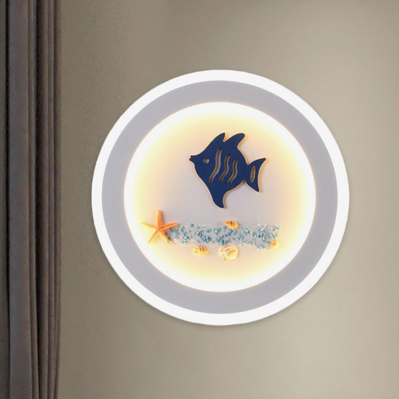 White Round Wall Light Fixture Contemporary Style LED Acrylic Wall Mural Lamp with Fish and Sea Star Pattern