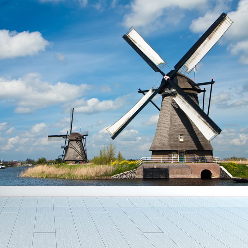 Full Size Photography Modern Mural Wallpaper with Windmill Landscape in Soft Color