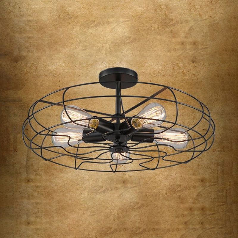 Plafonnier circulaire industriel vintage semi-encastré en fer forgé pour espaces intérieurs
