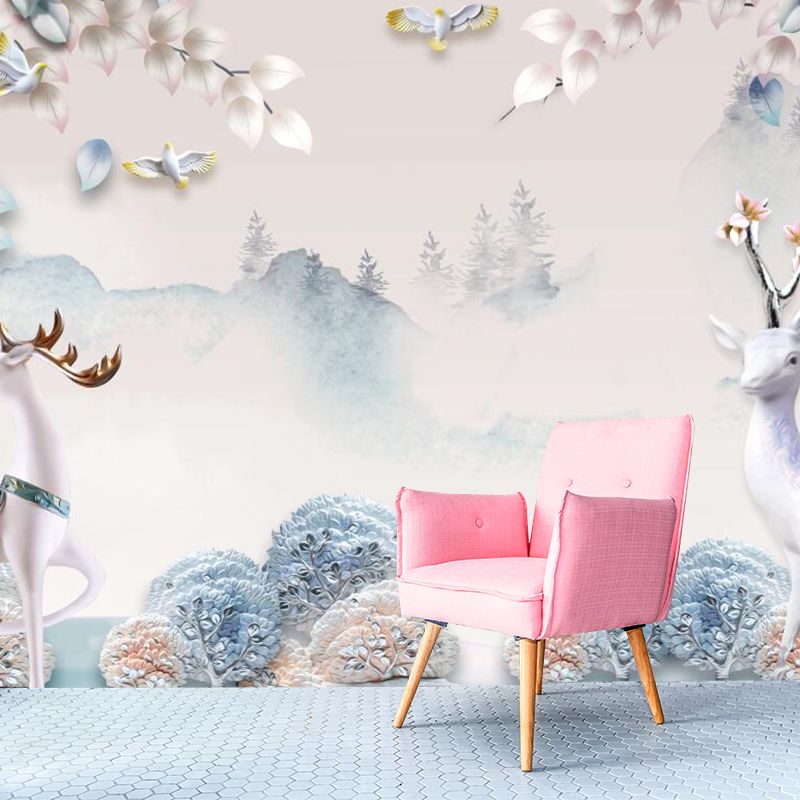 Misty Landscape Deers Wall Mural Decal Nordic Non-Woven Fabric Wall Art in Yellow-Blue