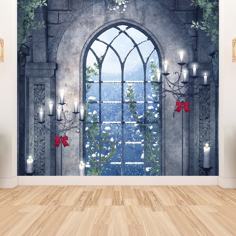 Contemporary Candles and Window Mural Non-Woven Waterproofing Gray Wall Art for Playroom