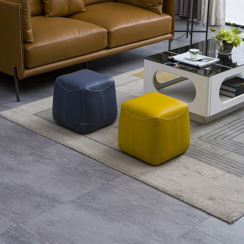 Mid-Century Modern Ottoman Genuine Leather Upholstered Solid Color Square Ottoman