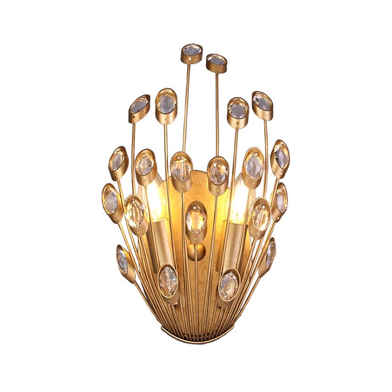 Open Bulb Wall Mounted Lamp Vintage Style Clear Crystal 2 Heads Brass Wall Lighting with Peacock Tail Design