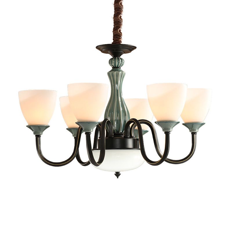 Green-Black Flared Shade Ceiling Chandelier Vintage Style Opal Glass 6/8-Head Dining Room Suspension Lamp