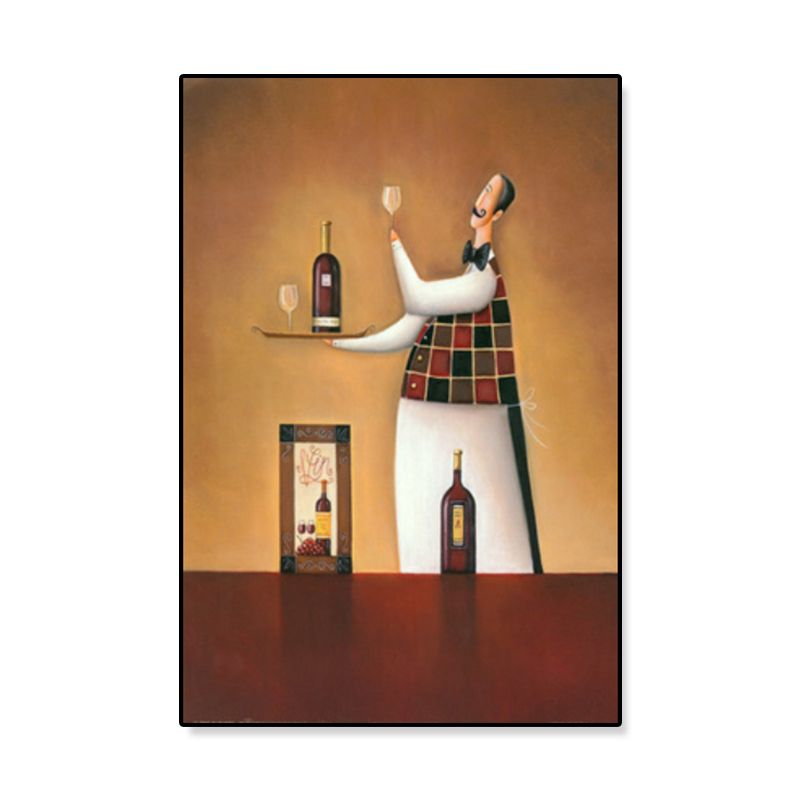 Modern Illustrated Servant Canvas Art Dark Color Textured Wall Decor for Dining Room