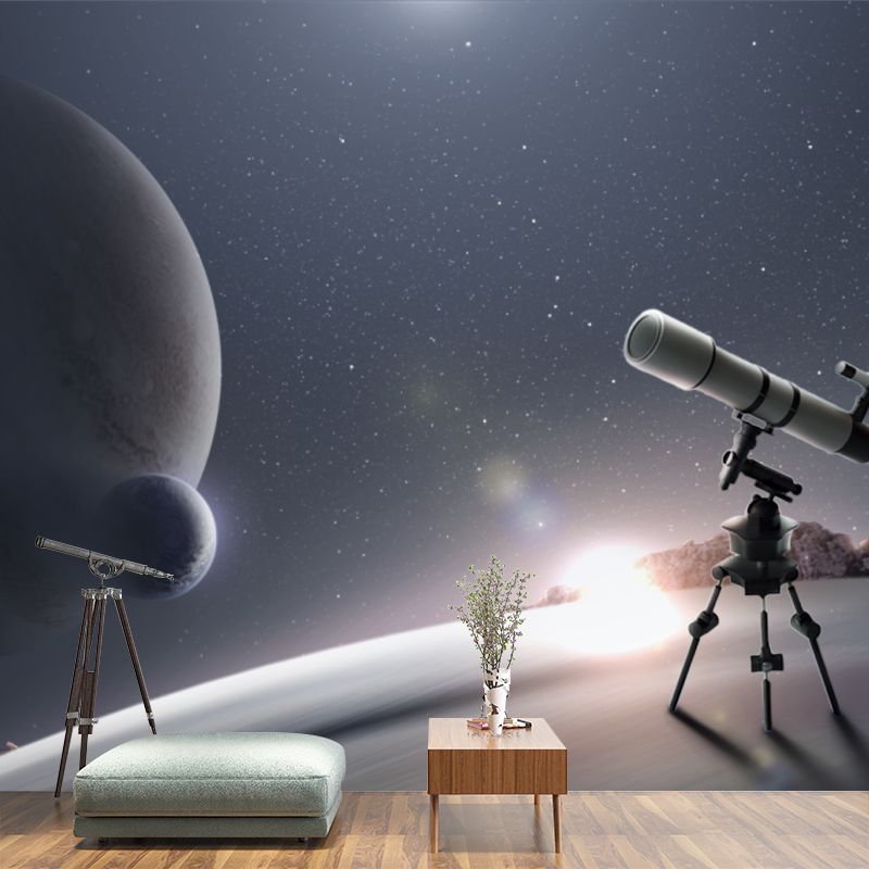 Cool Telescope and Globes Mural for Living Room, Blue and White, Made to Measure