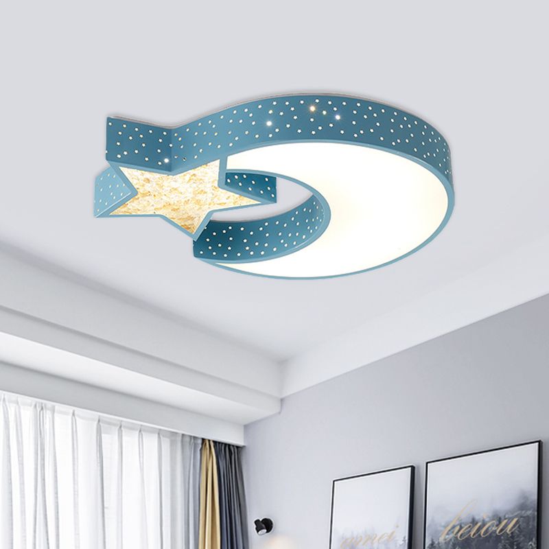 Kids Style LED Ceiling Mount Blue/Green Moon and Star Flushmount Lighting with Acrylic Shade