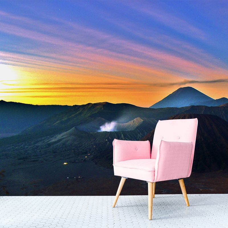 Volcano Hills with Sunlight Mural Blue Modernist Wall Art for Bedroom, Custom Made