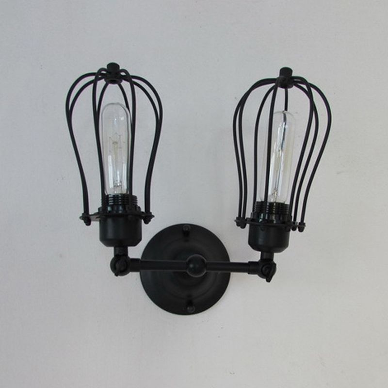 Black Bulb Shaped Cage Wall Mount Light Industrial Metal Bedroom Sconce Lamp with Pivot Joint