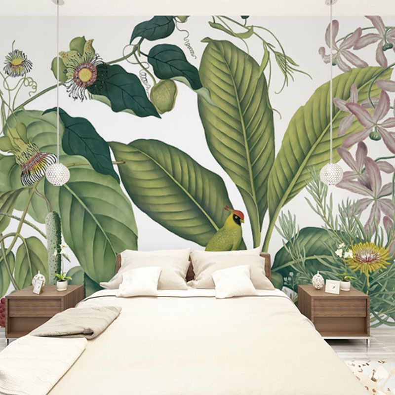 Whole Nordic Wall Mural Decal in Pastel Green Banana Leaves and Blossoms Wall Decor, Made to Measure