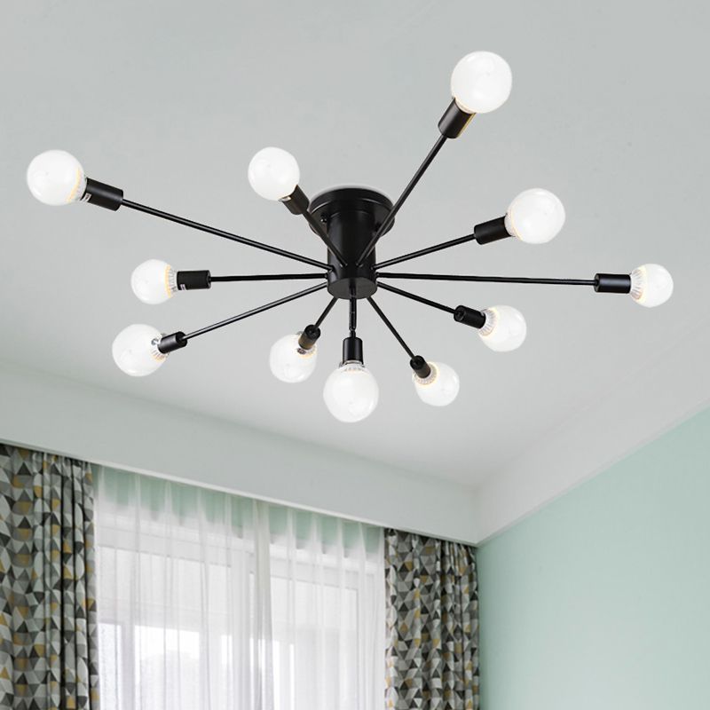 6/8 Heads Bare Bulb Semi Flush Mount Light Vintage Style Black/White Metallic Ceiling Light Fixture for Kitchen