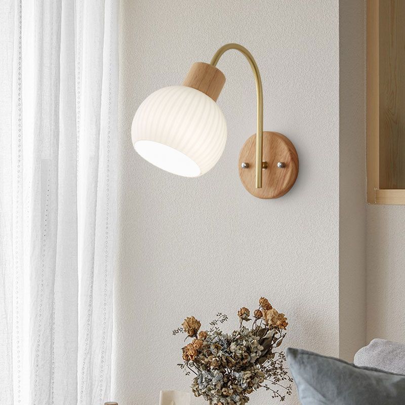 Nordic Wooden Wall Light Fixture Simple Glass Shade Wall Light Sconce for Bedroom