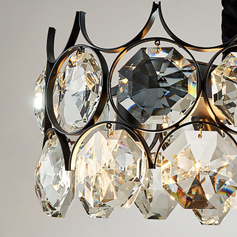 Black Circle Pendant Chandelier Country Clear Crystal Living Room Suspension Light with Sputnik Design