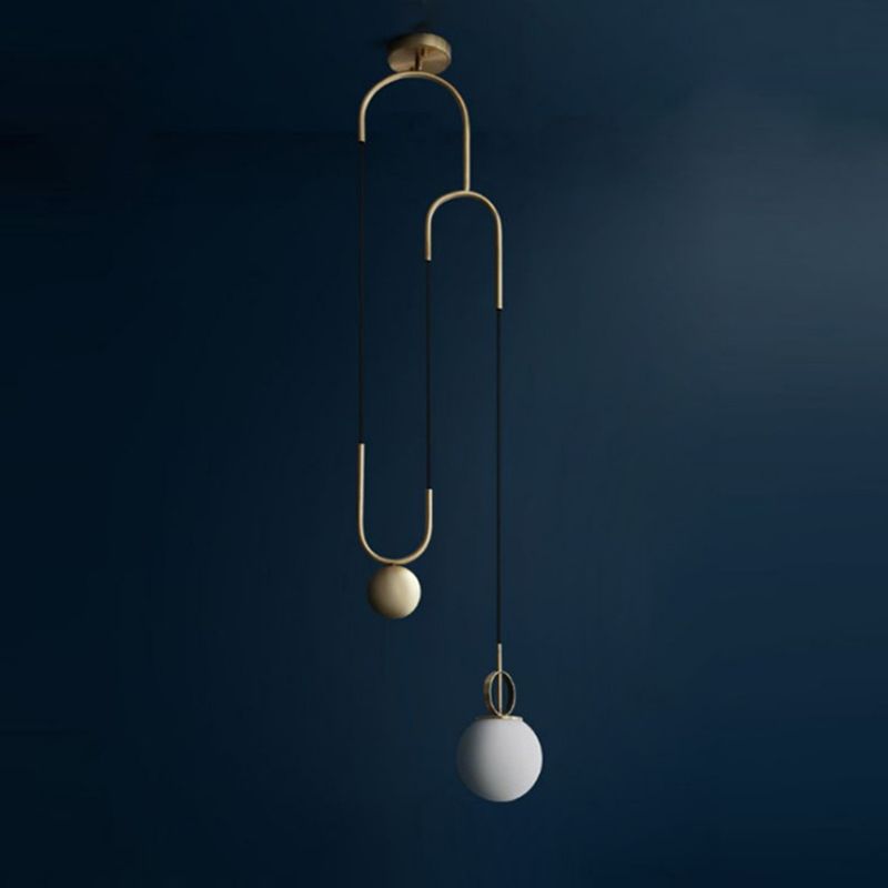 Postmodern Globe Pendant Lamp White Glass 1 Head Dining Room Hanging Light in Brass