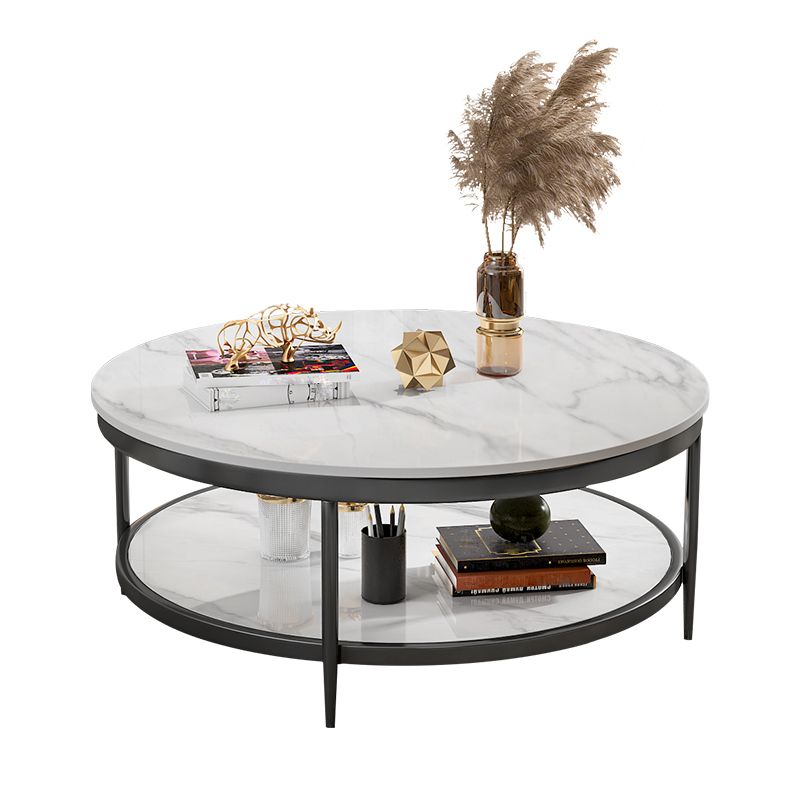 17.7" H Glam Round Slate Coffee Table Metal 4 Legs Cocktail Table with Shelf