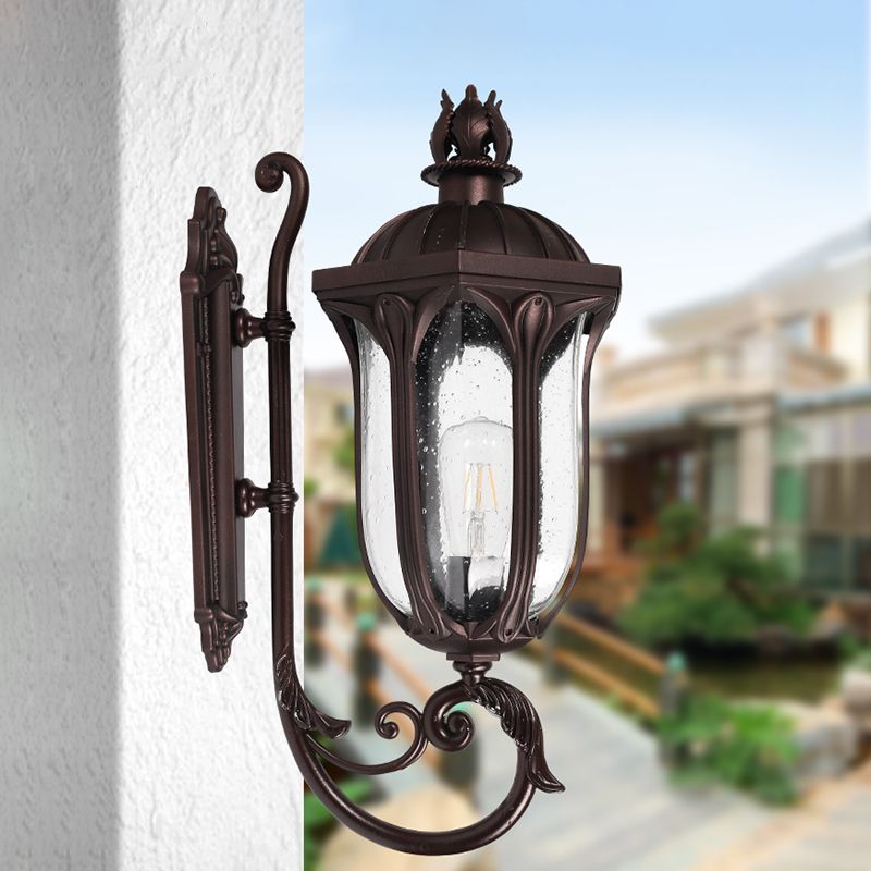 Swooping Arm Seedy Glass Sconce Lodge 1-Head Courtyard Wall Light Fixture in Dark Coffee