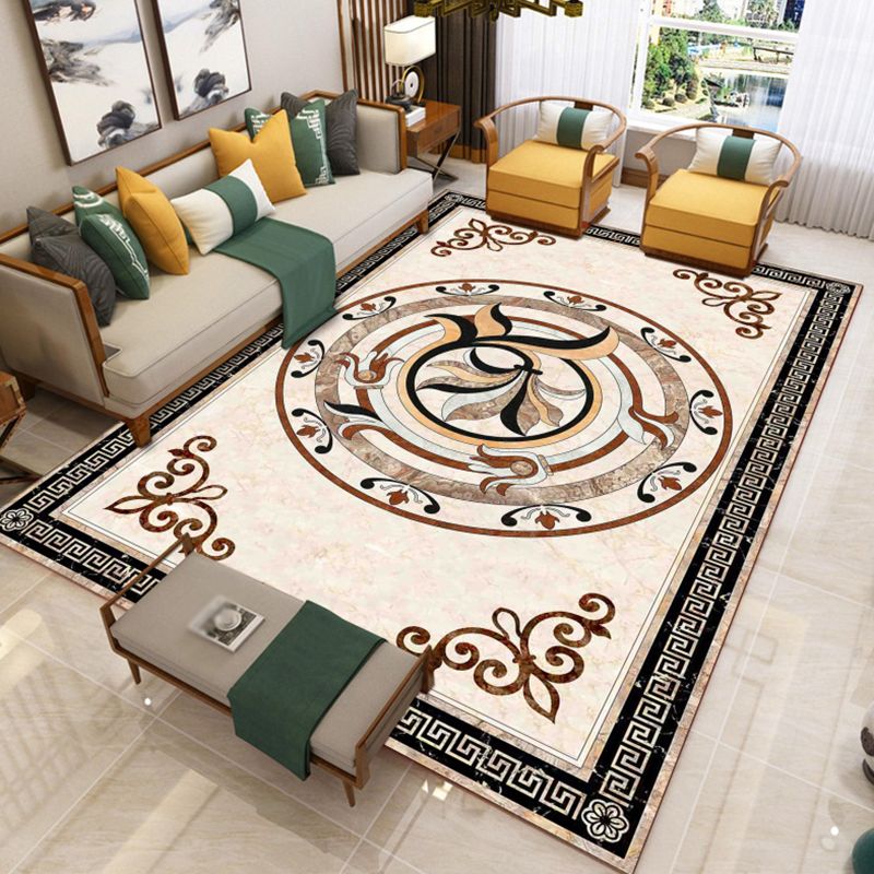 Victoria Floral Pattern Rug White Polyster Carpet Washable Area Carpet for Living Room