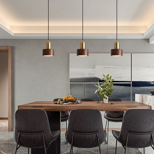 Brown Walnut Wood Pendant Lighting Fixtures Modern Lantern Suspension Lamp for Living Room