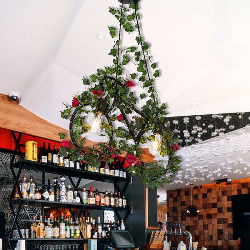 Black 2 Heads Cluster Pendant Farm Style Metal Bicycle Shaped Down Lighting with Plant Deco