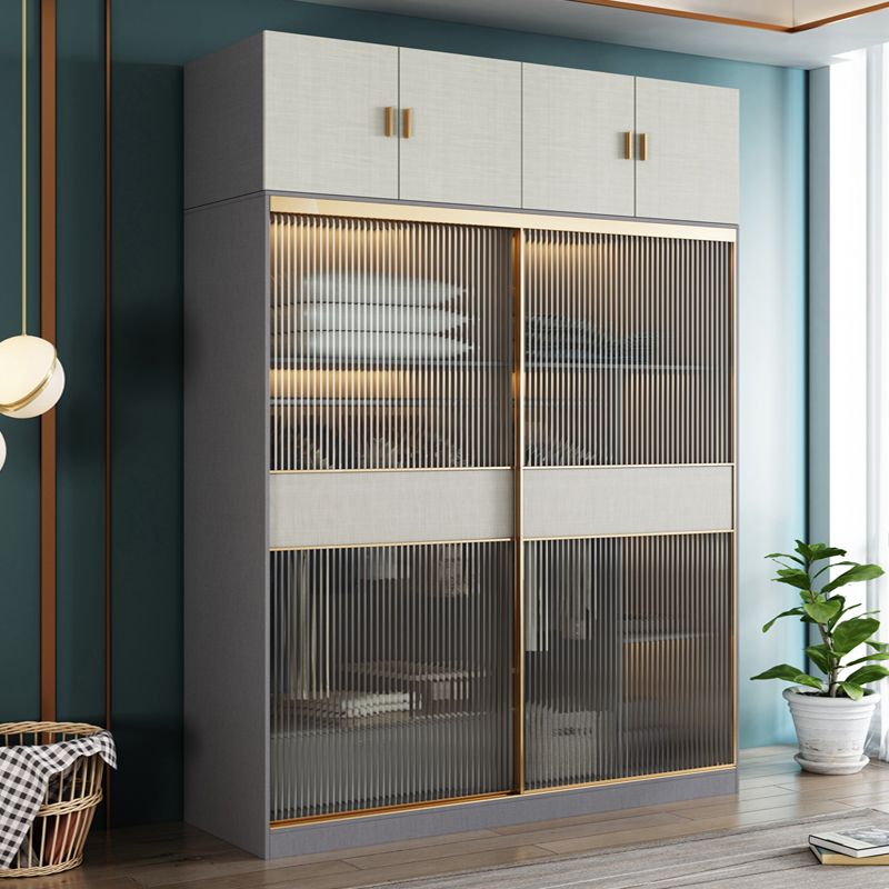 Modern Sliding Door Wardrobe for Home Grey Cabinet with Clear Glass Door