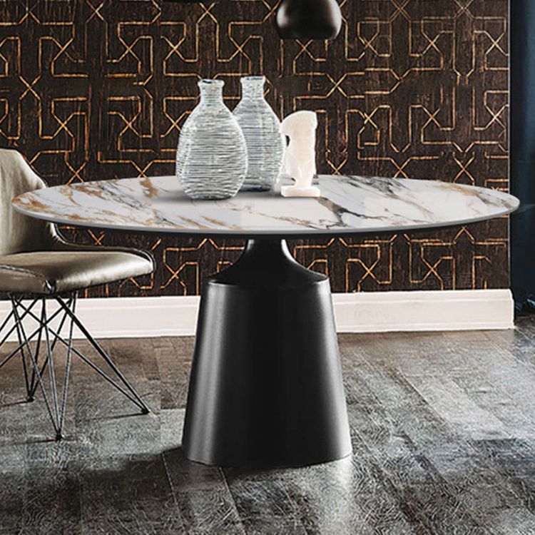 Traditional Luxury Round Dining Table Sintered Stone Top Table with Pedestal Base