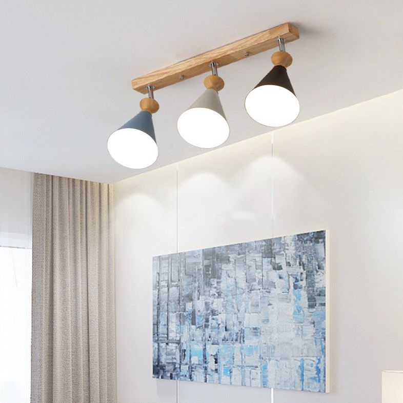 Wooden Cone Semi Flush Mount in Modern Creative Style Iron 3-Light Ceiling Light for Dining Room