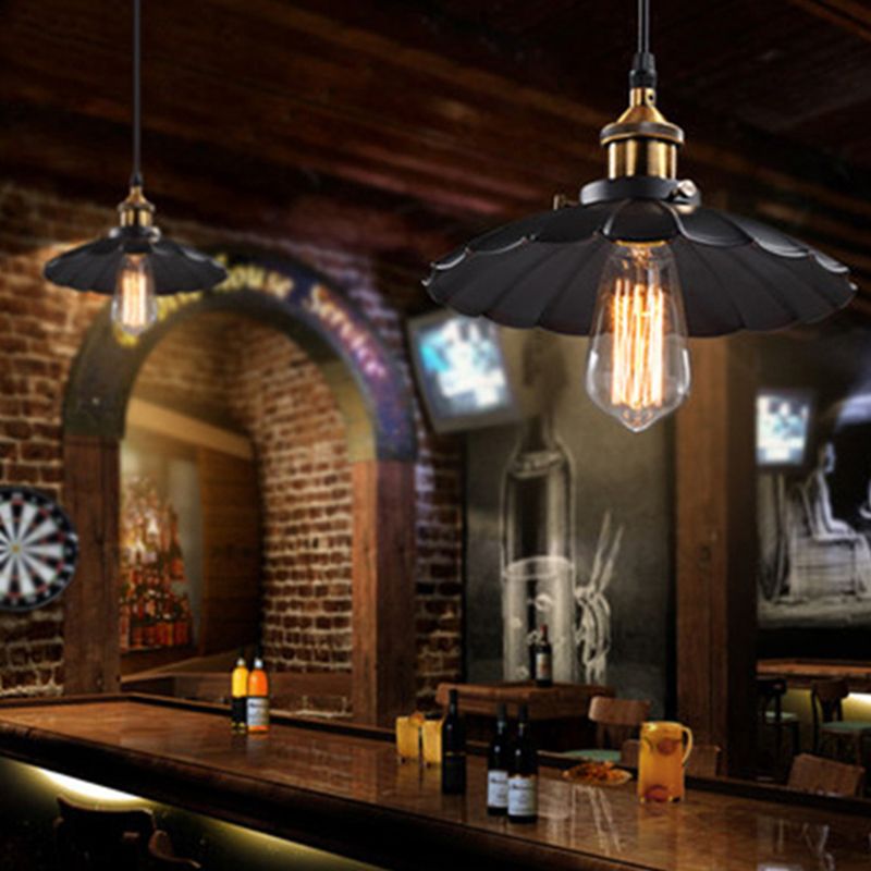 Single-Bulb Metallic Suspension Lighting Retro Style Black Scalloped Cone Restaurant Pendant Ceiling Light