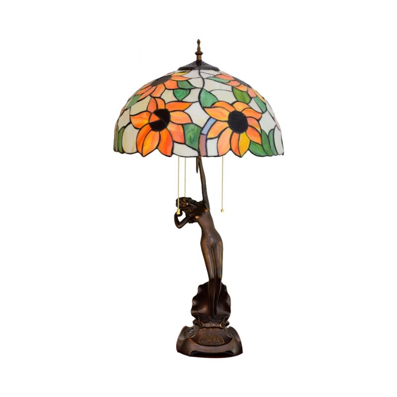 Blüte Buntglas Tischlampe Tiffany-Stil 3 Köpfe Rot/Orange Pull-Chain Night Stand Light mit Frauen Skulptur