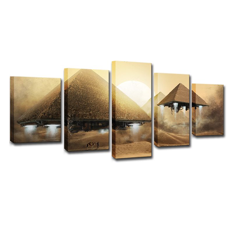 Sci-Fi Flying Pyramid UFO Art Print Boys Canvas Multi-Piece Yellow Wall Decoration
