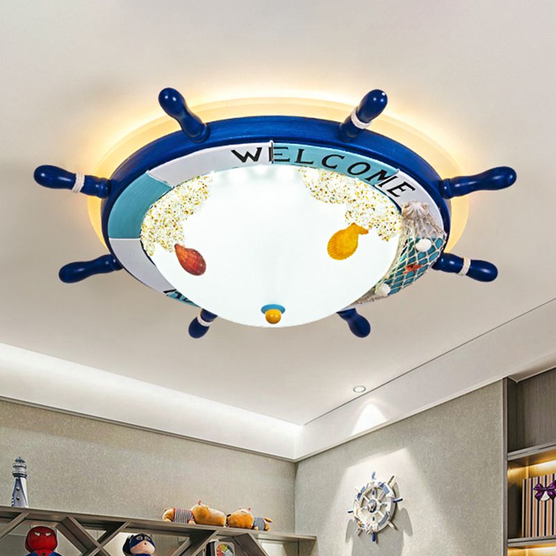 Frosted Glass Dome Flush Mount Lamp Nordic Light/Dark Blue LED Ceiling Lighting with Rudder Design