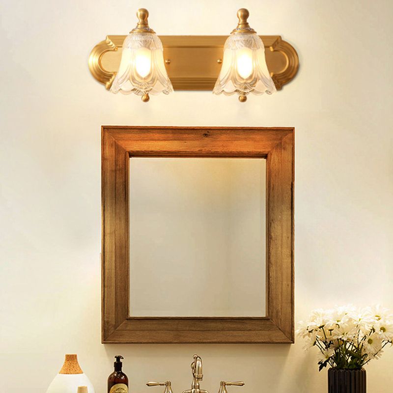 Bathroom Decoration Wall Light Sconce Brass Armed Wall Mounted Mirror Front in Ribbed Glass Shade