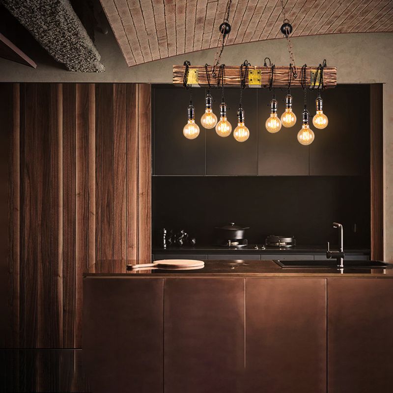 8-Light Wooden Island Pendant Light in Industrial Vintage Style Wrought Iron Ceiling Light for Commercial Place