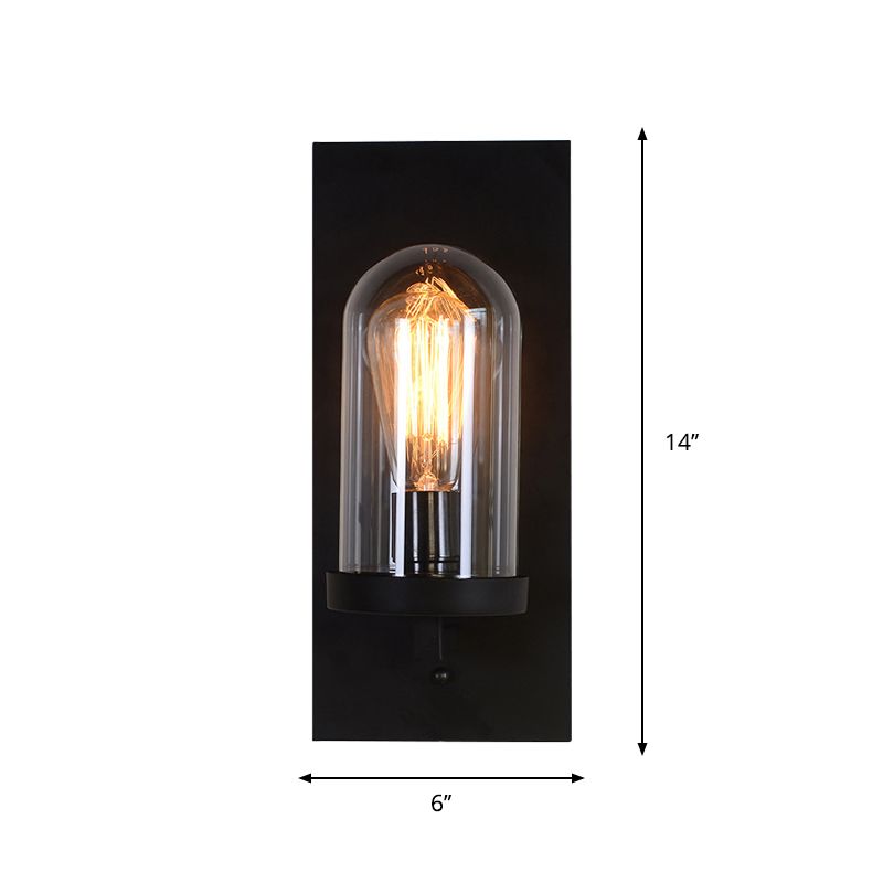 Black Rectangular Wall Light Sconce Retro Metal 1 Head Foyer Wall Lamp with Cloche Clear Glass Shade