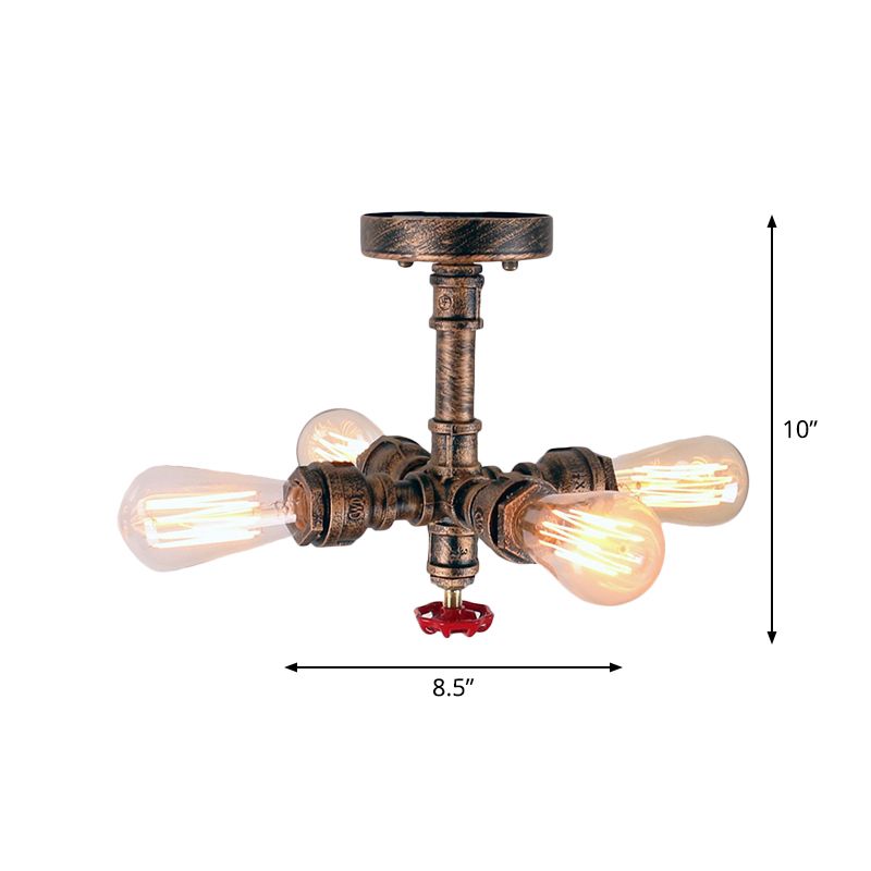 Burst Pipe Foyer Ceiling Mount Light Industrial-Style Iron 4 Lights Bronze Semi Flush Light with Decorative Valve