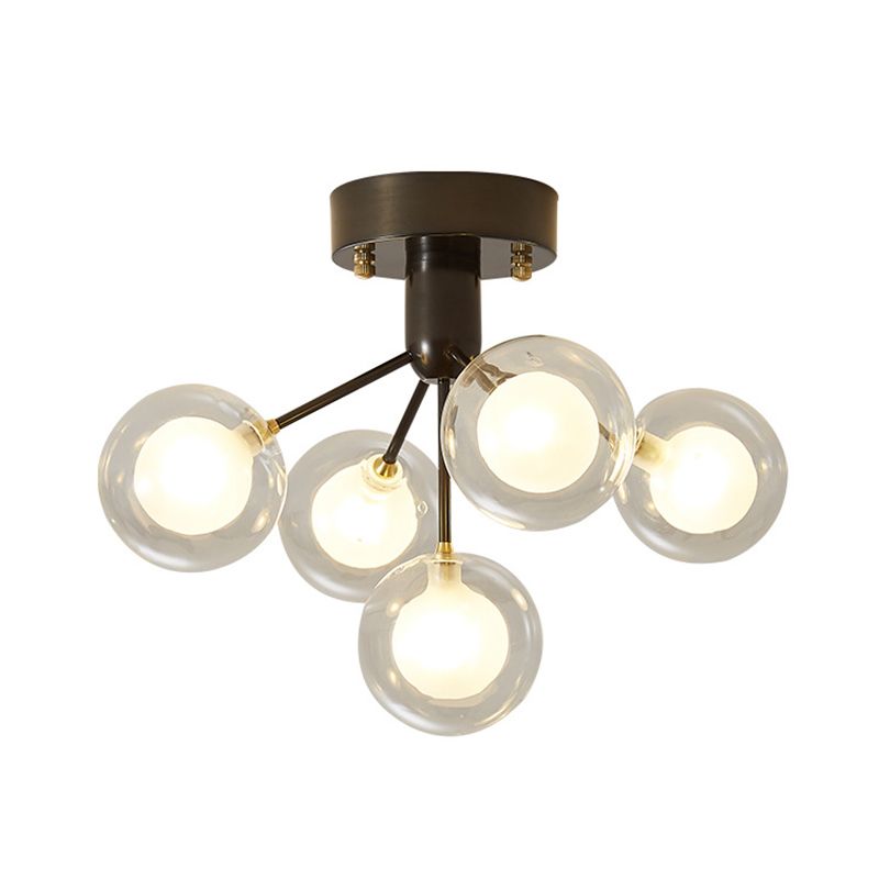 Ball Semi Flush Mount Chandelier Modern Clear and Frosted Glass 5-Light Corridor Ceiling Light