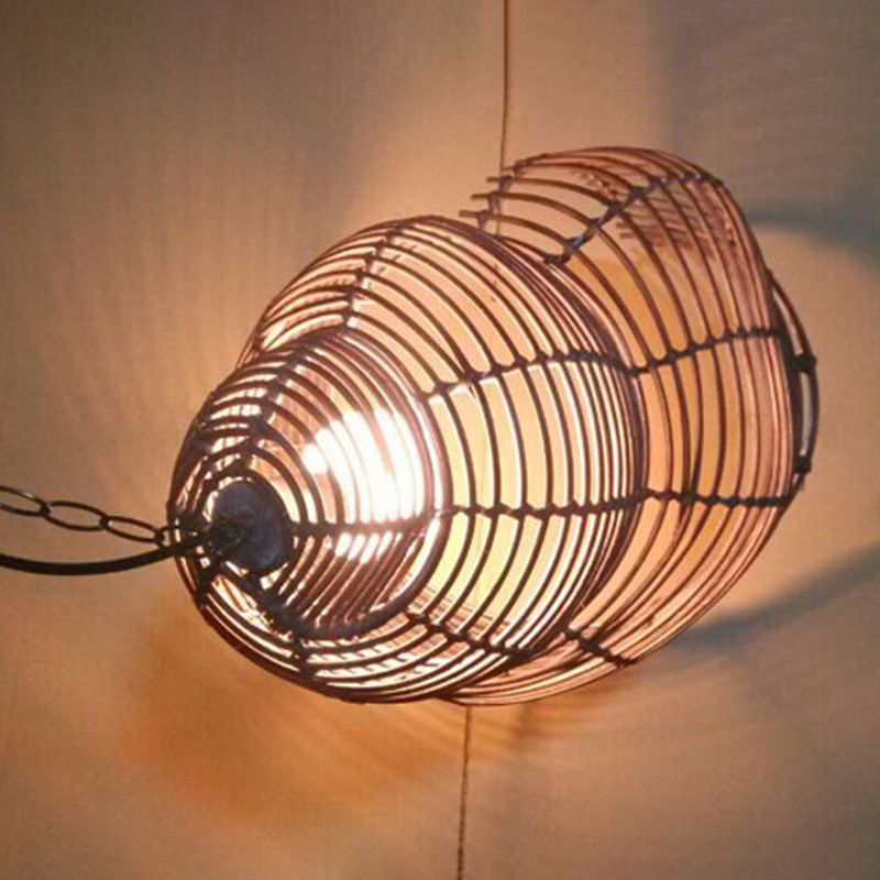 Asian Style Rattan Chandelier Conch Shape Round Ceiling Hanging Kitchen Light