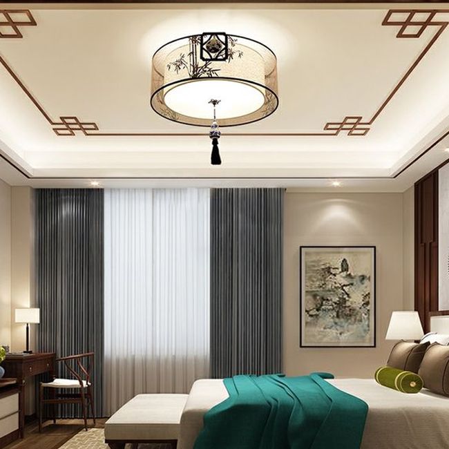 Geometry Shape Ceiling Lamp Tradition Iron Flush Mount with Fabric Lampshade for Bedroom