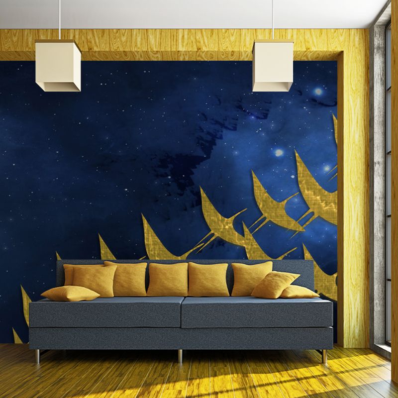 Full Size Abstract Wall Mural Artistic Imaginative Gulls at Starry Night Wall Art in Yellow-Blue