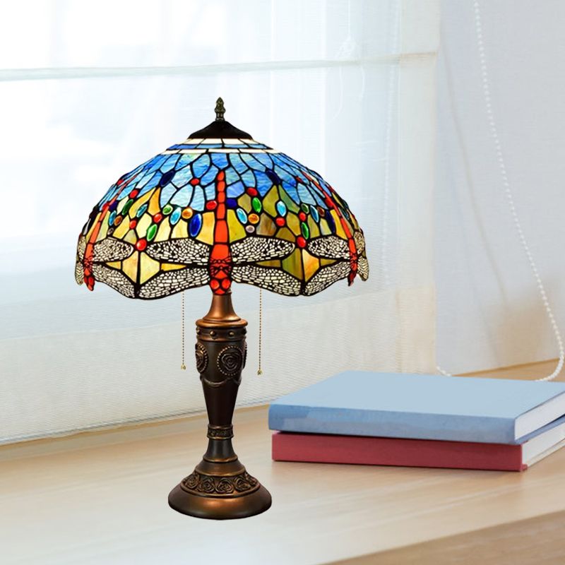 Mediterranean Dragonflies Jeweled Table Lamp 2 Bulbs Blue-Green/Yellow-Blue Glass Nightstand Light with Pull Chain Switch