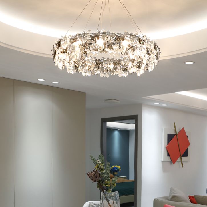 Flowering Butterfly Shape Crystal Circular Pendant Lamp for Living Room Bedroom