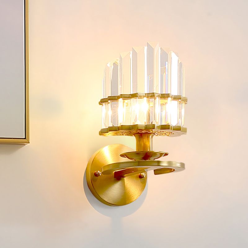 Round Living Room Sconce Light Postmodern Crystal Block 1 Bulb Gold Wall Mounted Lamp