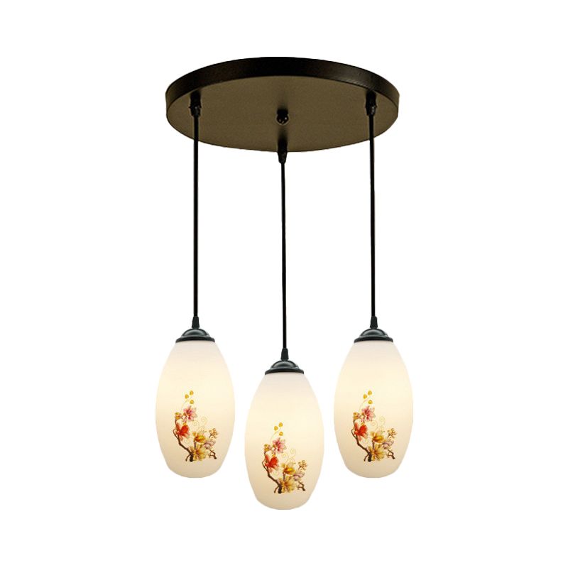 3 Bulbs Multiple Hanging Light Modern Oblong Frosted White Glass Linear/Round Canopy Pendulum Lamp with Flower Pattern